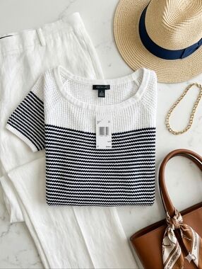 Ann Taylor Size XL Navy Striped Boat Neck Knit Top CBK 90s Minimalist CBT New